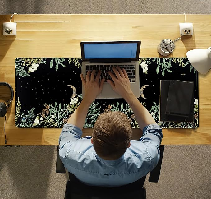 Green Tropical Leaves Desk Mat Black Mouse Pad Cute Anime Moon Deskmat, Women Office Decor Computer Laptop Keyboard Mouse Mat, XL Large Gaming Mousepad Desk Pad with Stitched Edge 31.5''x11.8''