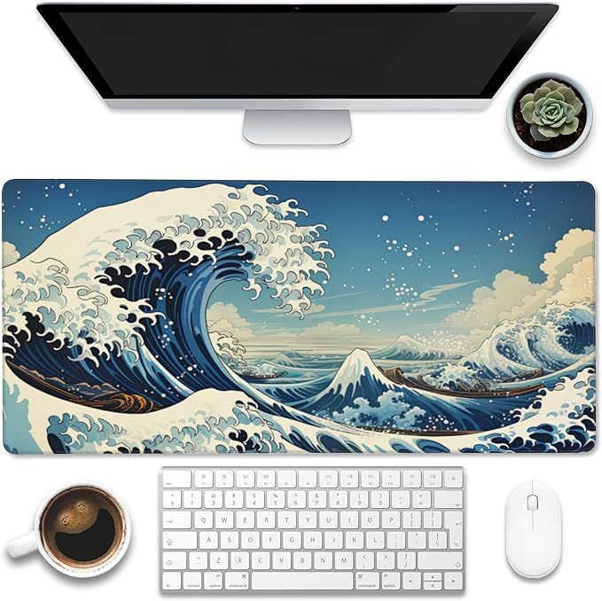 Desk Mat,Blue Japanese Sea Wave Desk Pad,Japanese Sea Wave Large Gaming Mouse Pad for Desk,Extended Big Computer Keyboard Mouse Pad with Non-Slip Base and Stitched Edge,35.4"x15.7"