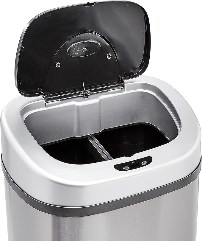 Amazon Basics Automatic Trash Can with Lid, Hands-Free, Stainless Steel, D-Shaped 80 l, 2 Bins
