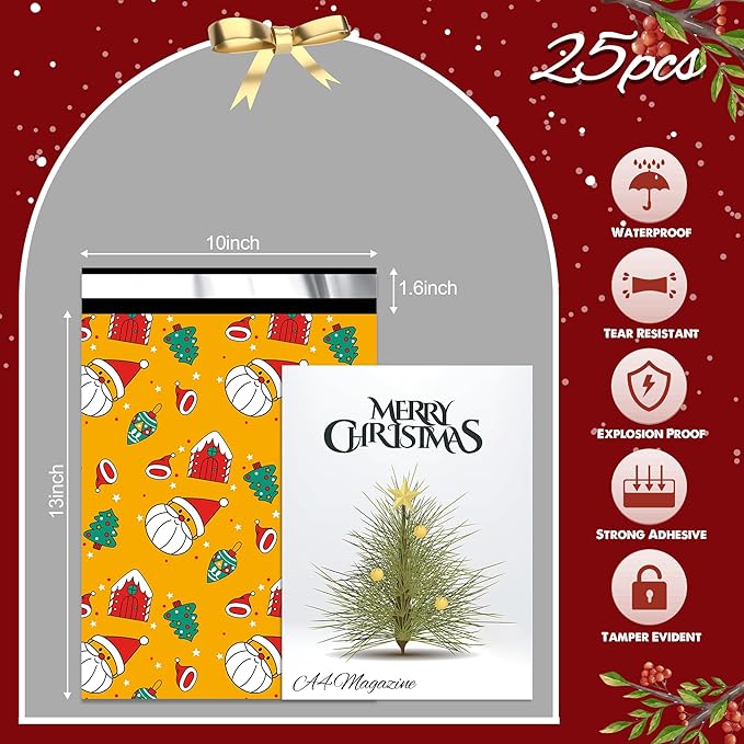 Christmas Poly Mailer 10x13 Inch 25 Pcs, Waterproof Shipping Bags for Clothing, Tear-Resistant Mailier, Strong Mailing With Self-Seal - Santa Claus Printed