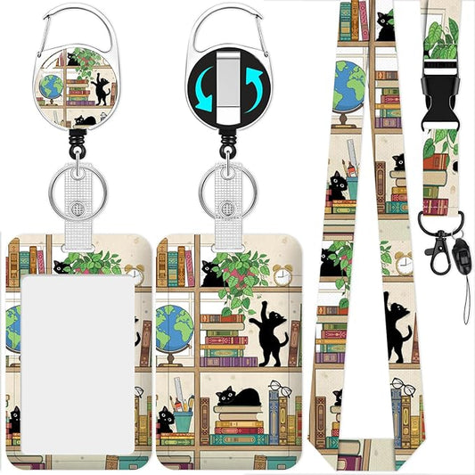 Cute Cat Lanyard with Id Holder,Bookshelf ID Badge Holder with Retractable Lanyard, ID Holder with Badge Reel Clips, Animal Keychain Name Tag ID Card Holder Teacher Women Doctor Office Gift