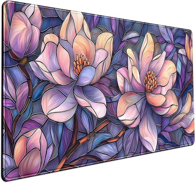 Floral Desk Mat Gaming Large Mouse Pad Desk Keyboard Pad, Long Computer Mat Faux Stained Glass Artistic Patterns Mouse Mat, Aesthetic Floral Purple & Pink Desk Protector Office Decor 31.5" X 15.7"