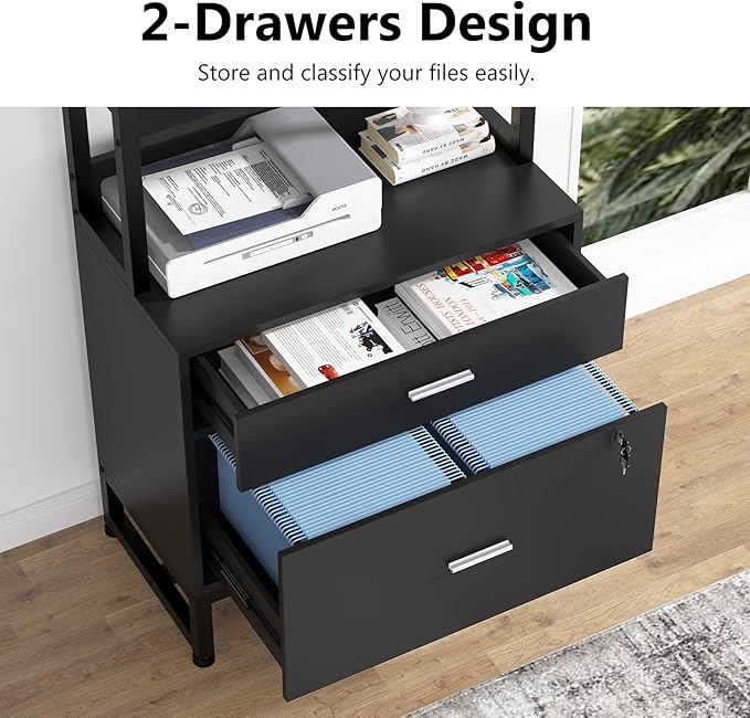 Tribesigns 2 Drawer Vertical File Cabinet with Lock & Bookshelf, Letter Size Large Modern Filing Cabinet Printer Stand with Open Storage Shelves for Home Office, Black