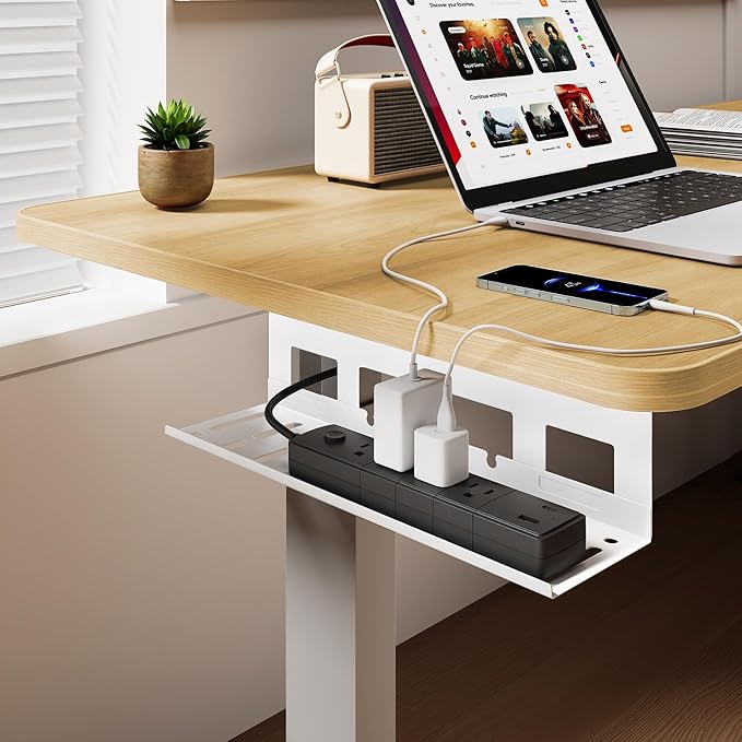 Under Desk Cable Management Tray, 15.7 Inches Metal Cord Organizer Rack, Desk Tray for Power Strip, Cord, Wire, Easy Mounting Cable Management Under Table for Home Office, White