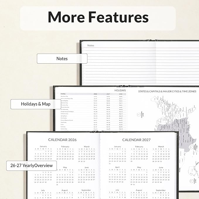 SUNEE 2026 Daily Planner Hardcover - Journal Organizer for Work & School - Daily Page Layout with Holidays, Notes - 100gsm No-Bleed Paper Agenda for Women & Men, Black