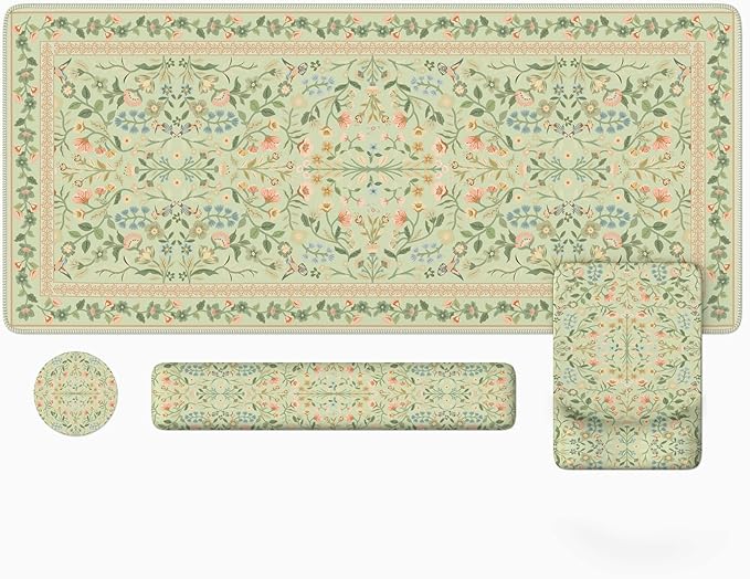 iLeadon Mouse Pad with Wrist Rest, Non-Slip Desk Mat for Keyboard and Mouse, Mouse Pad Sets for Women Desk, Wrist Pads for Keyboard, Floral Mat for Home Office (Light Green)