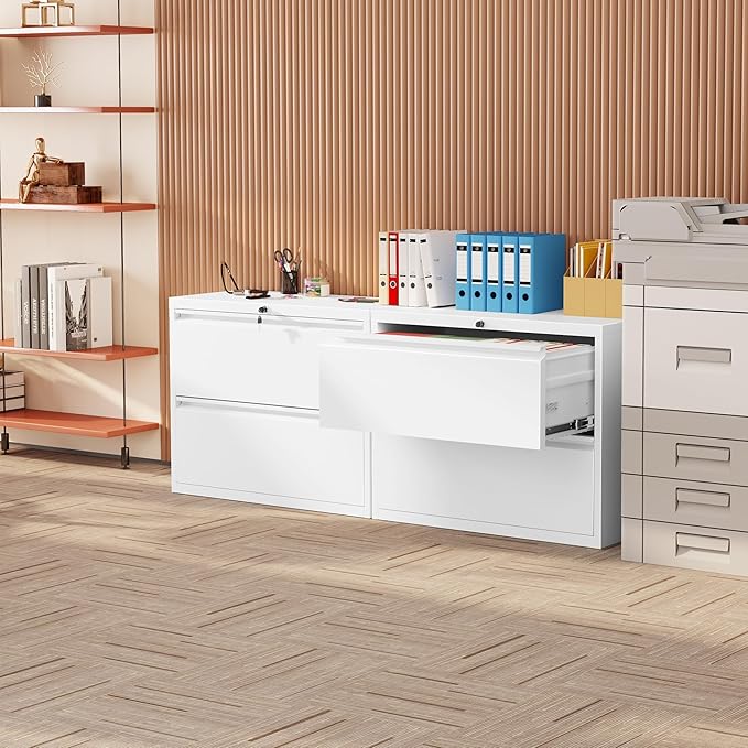 INTERGREAT Lateral File Cabinet 2 Drawer, Metal 2 Drawer White Filing Cabinet with Lock for Home Office, Locking File Cabinets for Letter/Legal/F4/A4 Size Hanging Files, Easy Assembly