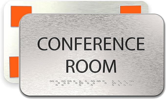 ADASigns Conference Room Sign 7" W x 4" H Durable Brushed Aluminum with Grade 2 Braille - Easy Installation with Double Sided Tape - ADA Compliant conference sign for Office, Universities & Businesses