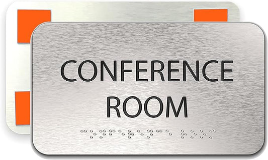ADASigns Conference Room Sign 7" W x 4" H Durable Brushed Aluminum with Grade 2 Braille - Easy Installation with Double Sided Tape - ADA Compliant conference sign for Office, Universities & Businesses