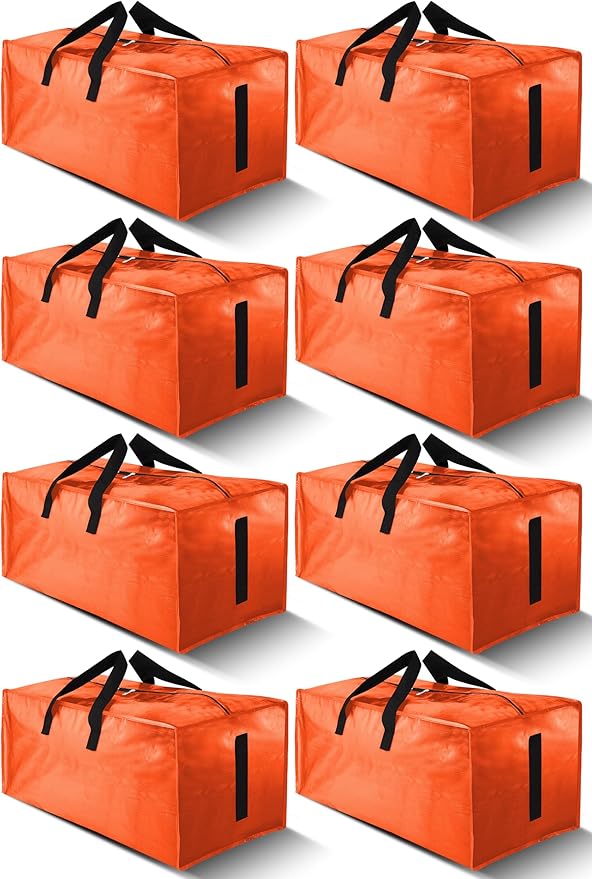 8 Pack Large Strong Moving Bags with Zippers & Carrying Handles - Water-Resistant - Heavy Duty Storage Tote for Space Saving, Fold Flat, Alternative to Moving Box (Orange)
