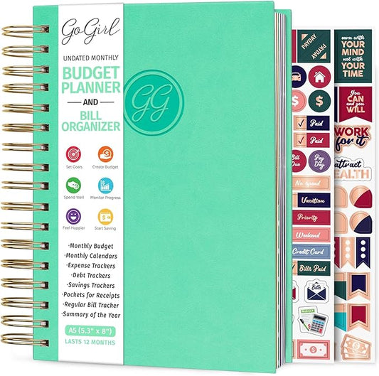 GoGirl Budget Planner & Monthly Bill Organizer – Monthly Financial Book with Pockets. Expense Tracker Notebook Journal, Compact (Mint Green)