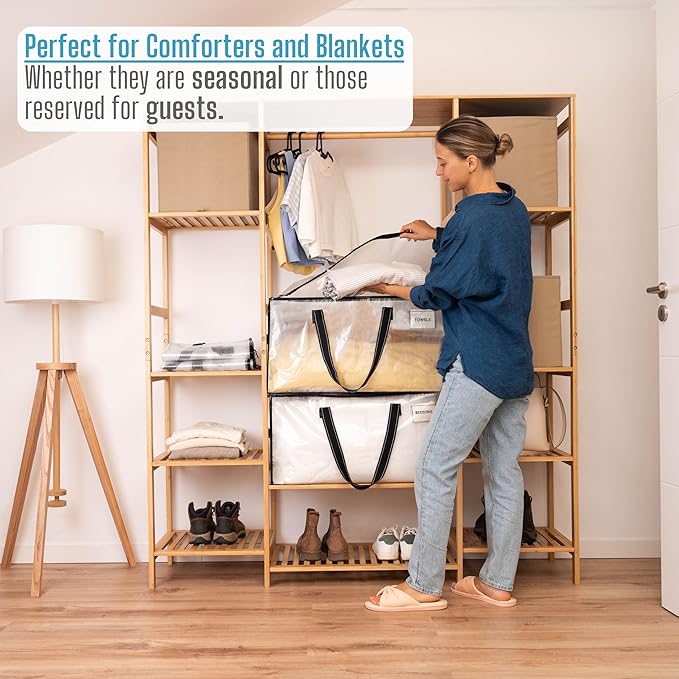 VENO 2 Pack Moving Bags, Comforter and Blanket Storage Bags for Closet, Moving Boxes, Boxes with Lids Alternative, College Dorm Packing Supplies, Foldable Heavy-Duty Tote with Window (Clear, 2 Pack)