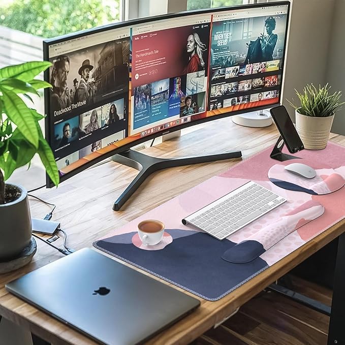 iCasso Desk Mat, Gaming Mouse Pad Wrist Support Set, XXL Large Mousepad + Keyboard Wrist Rest+Mouse Wrist Rest+Coastert with Ergonomic Design for Home Office Computer (C-Four-Pink-Block)