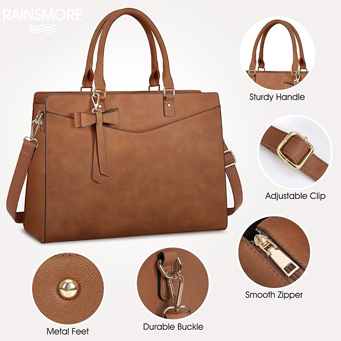 RAINSMORE Laptop Bag for Women 15.6 Inch PU Leather Laptop Tote Bag Professional Business Office Briefcase Waterproof Work Bag Computer Tote Bag Large Lightweight Handbag Shoulder Bag
