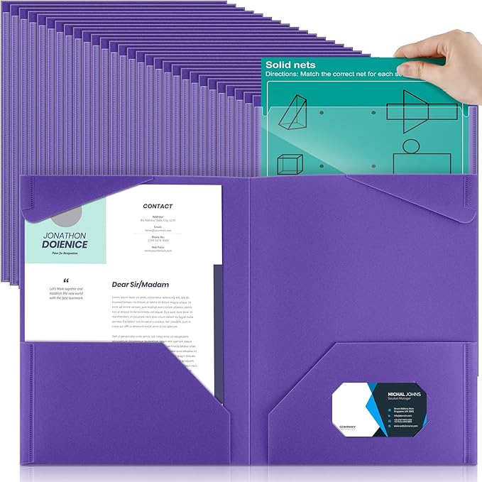 Henoyso 100 Pcs Plastic Folders with Clear Front Pockets Bulk Heavy Duty File Folders with 2 Pockets and Card Slot for Student Teacher Back to School Supplies Office Presentation (Purple)