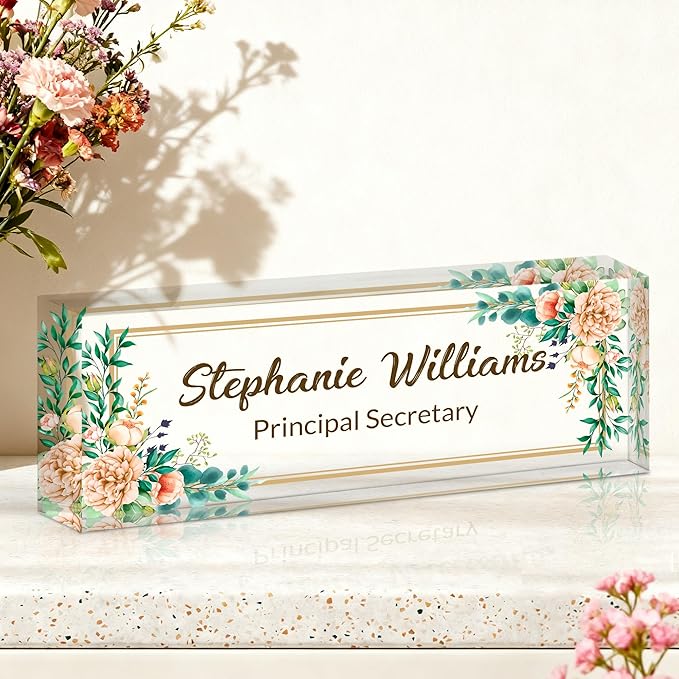 Ship Next Day-Custom Name Plate for Desk, Desk Name Plate Personalized, Acrylic Office Desk Accessories, Appreciation Gifts for Coworkers Employee Teachers Boss Women Men (Pink Peony)
