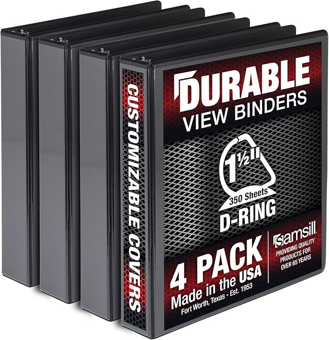 Samsill Durable 1.5 inch 3 Ring Binder, Made in USA, D Ring Binder, FSC 100% Recycled Chipboard, Black, 4 Pack
