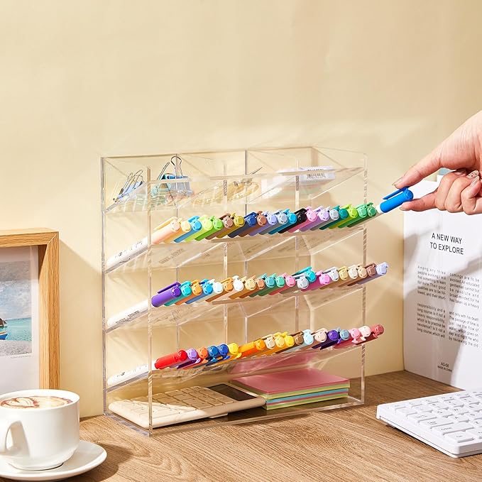 Acrylic Pen Organizer Storage for 150 Markers Vertical Marker Organizer Acrylic Pen Display Holder for Office Desk Desktop Stationery Pencil Storage, Clear, 10.2 x 4 x 9.8 Inch