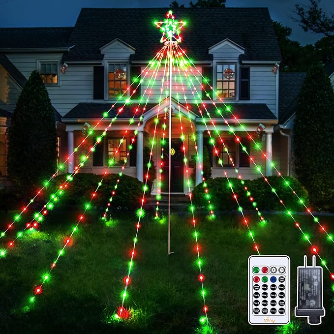 Ollny Christmas Lights Tree Red&Green 340LED with Topper Star, IP67 Waterproof Remote Control Waterfall Lights with Pole, 16 Lighting Modes Timer Dimmable Light Decorations Outdoor Yard Garden Lawn