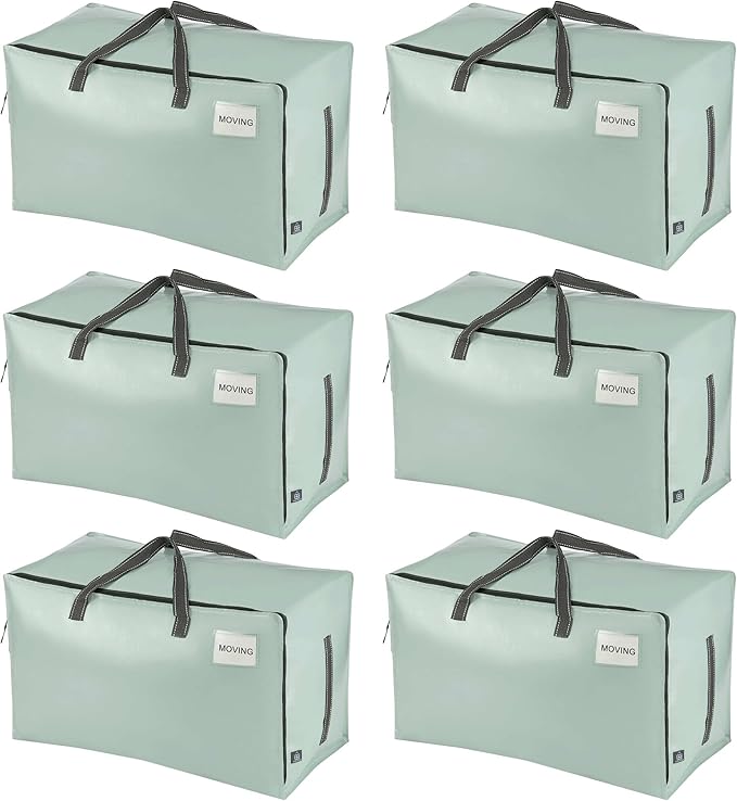 VENO 6 Pack Moving and Storage Bags, Heavy Duty, Alternative to Moving Boxes, Large Packing Totes Supplies for College Dorm Room with Zipper for Clothes, Wide Open Design (Shiny Light Green, 6 Pack)