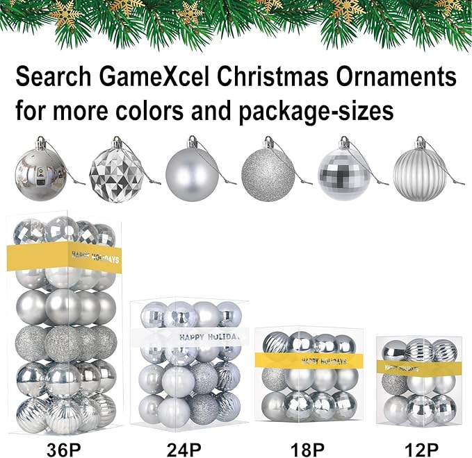 Silver Christmas Ornaments - Christmas Tree Decorations Shatterproof Hanging Balls for Birthday Wedding Holiday Decor Set of 36pcs, Multi-Sizes(1.6",2.5",3.2")
