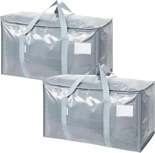TICONN 2 Pack Extra Large Moving Bags with Zippers & Carrying Handles, Heavy-Duty Storage Tote Moving Boxes for Space Saving (2 Pack, Light Grey)