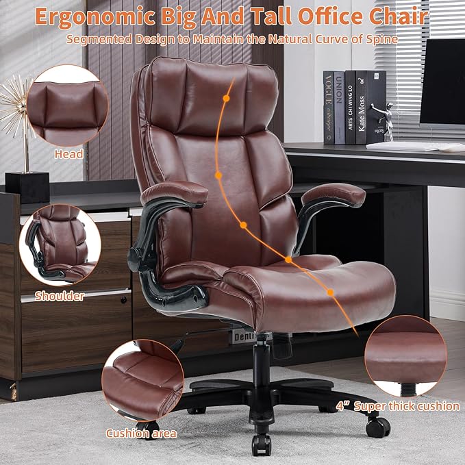 Big and Tall Office Chair 500lbs Wide Seat Executive Office Desk Chair High-Back Office Task Chair with Flip-Up Armrest, Ergonomic Lumbar Support Computer Office Chairs for Heavy People(Brown)