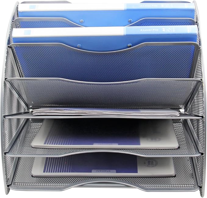 EasyPAG Desk File Organizer, 6-Section Vertical File Folder Holder Stand, Fan-Shaped Metal Rack File Sorter for Office Classroom Desktop Organization, Silver