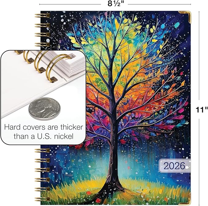 HARDCOVER 2026 Planner, 8.5"x11": 14 Months (November 2025 - December 2026), Daily Weekly Monthly Planner, Yearly Agenda, Bookmark, Pocket Folder and Sticky Note Set (Black Tree Seasons)
