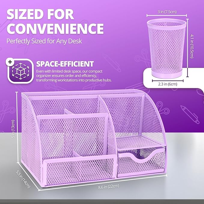 Flexzion Desk Caddy Organizer Set (Purple) - Metal Mesh Desktop Caddy with Drawers, 6 Compartments, and Pencil Holder for Women & Men - Desktop Organizer and Storage for Work or Office Supplies