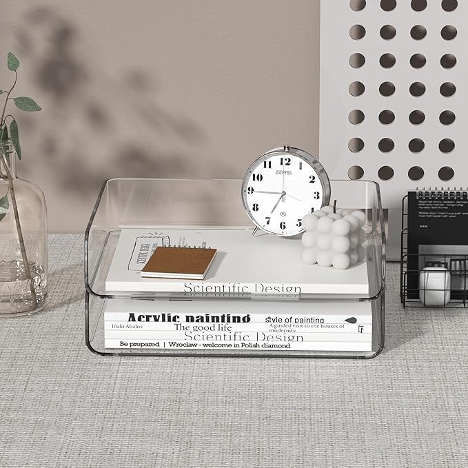 2-Tier Acrylic Paper Tray Organizer-Low-ProfileDesk File Sorter for Office/Home, Clear Stackable LetterTray for Bills, Crafts, Notebooks
