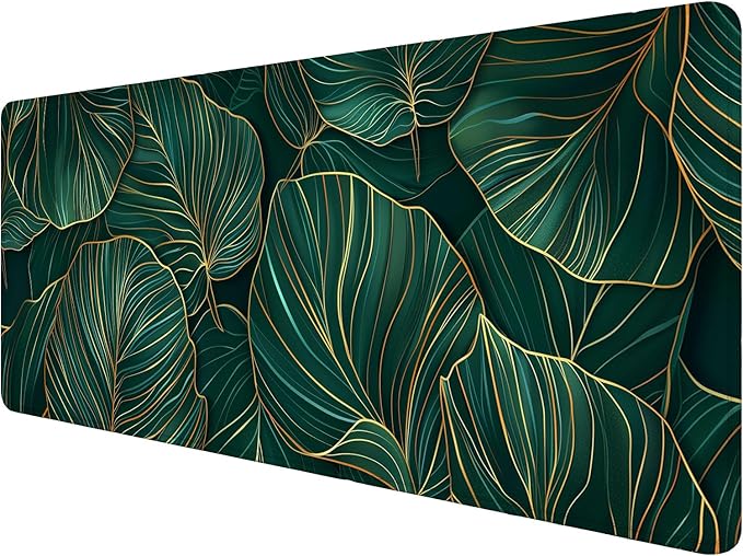 Green Leaves Desk Mat Gaming Mouse Pad Gold Tropical Palm Leaves Large Gaming Mouse Mat with Stitched Edges,Non-Slip Waterproof Rubber Base Mous Mat Office Computer Keyboard Laptop Home 31.5"x11.8"
