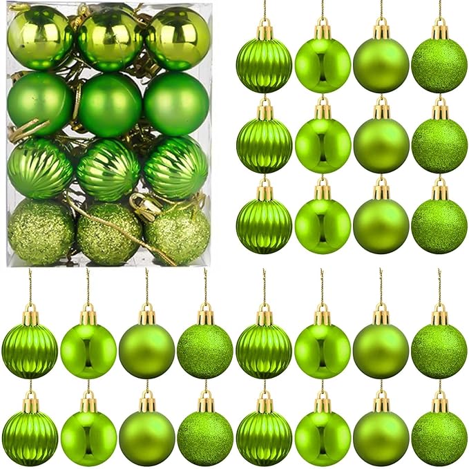 Set of 24 Small Green Christmas Ornaments Balls for Christmas Tree, 1.2 inch Mini Green Ornaments for Mini Tree, Tiny Plastic Shatterproof Hanging Bulbs Xmas Valentine Party Indoor Outdoor Decorations