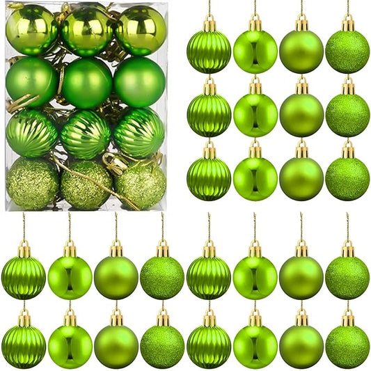 Set of 24 Small Green Christmas Ornaments Balls for Christmas Tree, 1.2 inch Mini Green Ornaments for Mini Tree, Tiny Plastic Shatterproof Hanging Bulbs Xmas Valentine Party Indoor Outdoor Decorations