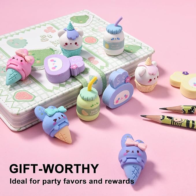 16Pcs Cute Ice Cream Shaped Erasers for Kids, Fun Food Eraser for School Classroom Rewards Party Favors