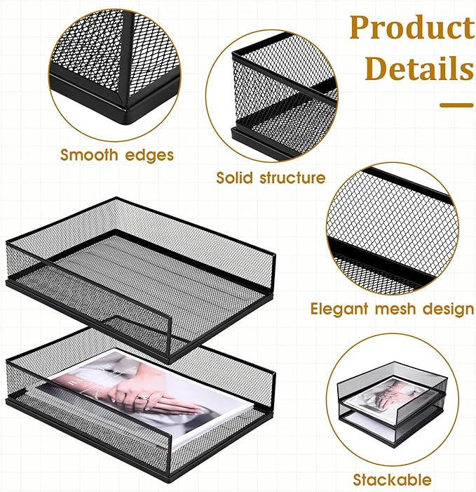 Magazine File Holder, 2 Pack Desk Organizer and Accessories, Metal Paper Tray Office Document Organizer Wire Mesh Letter Trays Stackable Desk File Storage Basket, Black