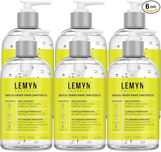 Medical‑Grade Hand Sanitizer Gel – 97 % Organic | 70 % USP Ethyl Alcohol | Moisturizing Aloe + Hyaluronic Acid | Freshly Made in USA | 12oz Bottle with Pump (PACK OF 6)