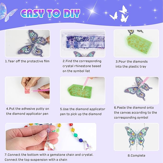 5Pcs Diamond art Kits for Kids/Adults, Crafts for Kids Ages 8-12, DIY Diamond Painting art Wind Chimes Crystal Window Suncatcher Craft, Birthday Gifts for 7 8 9 10 11 Year Old Girls, Home Garden Decor
