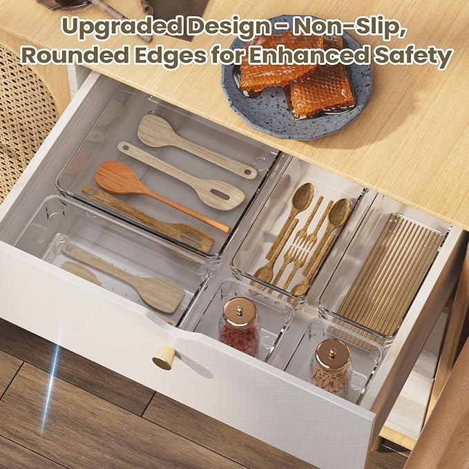 27 PCS Clear Plastic Drawer Organizer Set, 4 Sizes Acrylic Drawer Storage Trays Non Slip Storage Bins for Makeup, Jewelry, Gadgets for Kitchen, Bedroom, Bathroom, Office