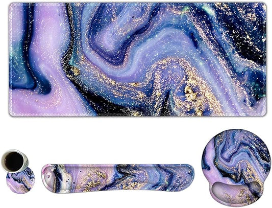 ARTSO Large Mouse Pad Ergonomic Keyboard Wrist Rest Support Combo, Memory Foam Gel Wrist Pad, Extended Desk Mat Protector, Non-Slip Desk Blotter, Purple Marble