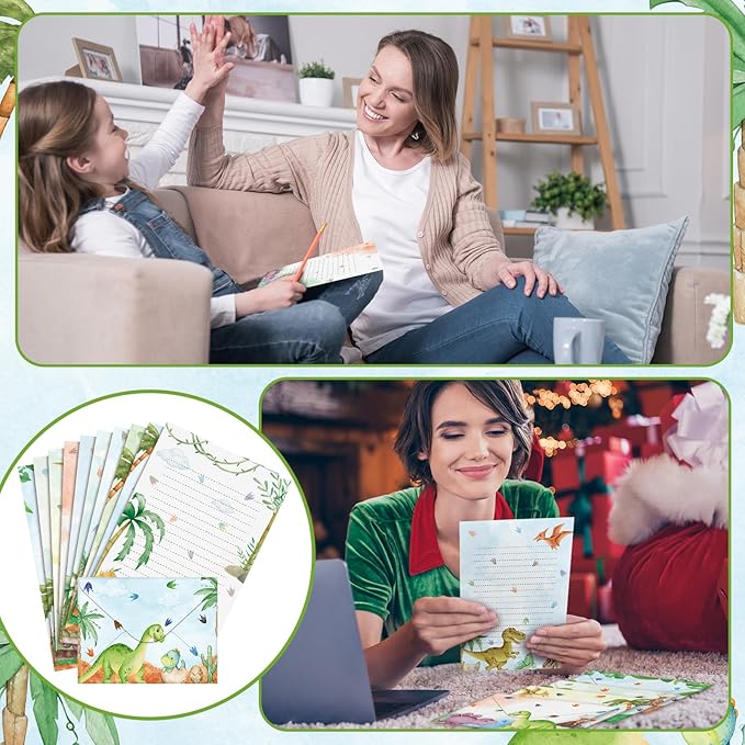 TaoBary 160 Pcs Stationery Paper Set 50 Double Sided Stationery Papers with 50 Matching Envelopes and 60 Round Dot Sticker, 10 Design(Watercolor Dinosaur,8.25 x5.5 Inch)