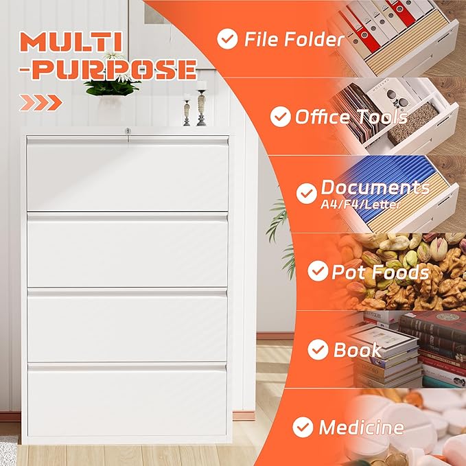 INTERGREAT 4 Drawer File Cabinet, White Lateral File Cabinet with Lock, 36" W Metal Office Filing Cabinet with Adjustable Frame for Legal, Letter, A4 Files
