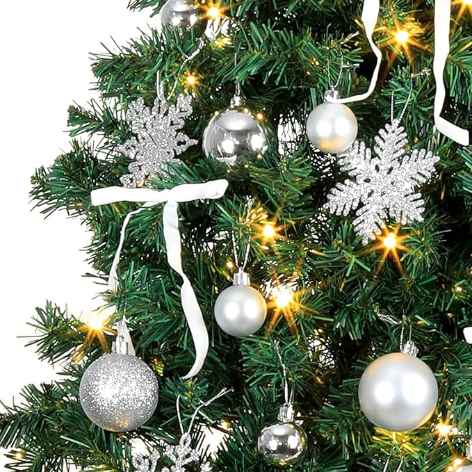 86Pcs Led Light Silver Christmas Tree Decorations Set 100 Led Light Christmas Star Trees Topper with String Lights Xmas Balls Snowflakes Ornaments Bows Xmas Trees Decor 20m Light String