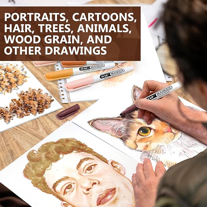 SFAIH 24 Skin Tone Permanent Markers - Assorted Portrait Colors, Fine Point Permanent Markers for Portrait, Figure, Animals, Trees Painting, Coloring Book, Decorate Wood, Quick Drying, Fade Resistant