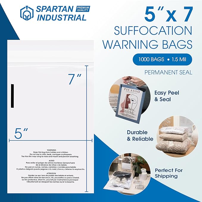 Spartan Industrial - 5” X 7” (1000 Count) Self Seal Clear Poly Bags with Suffocation Warning for Packaging, T Shirts - Permanent Adhesive