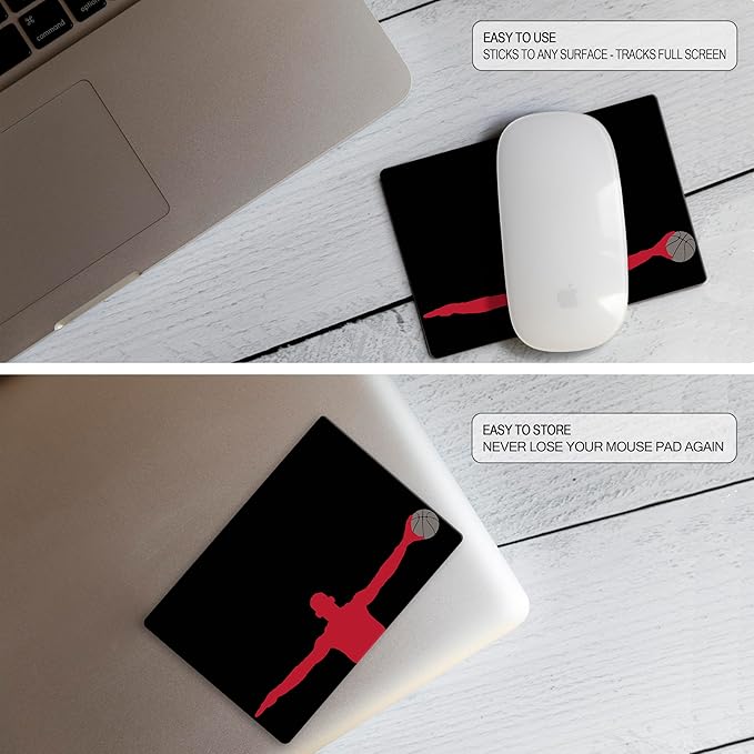 Mouse Pad Adhesive Bottom - Sticks to Any Surface - Portable - Webcam Covers and Screen Cleaner Included (Basketball)