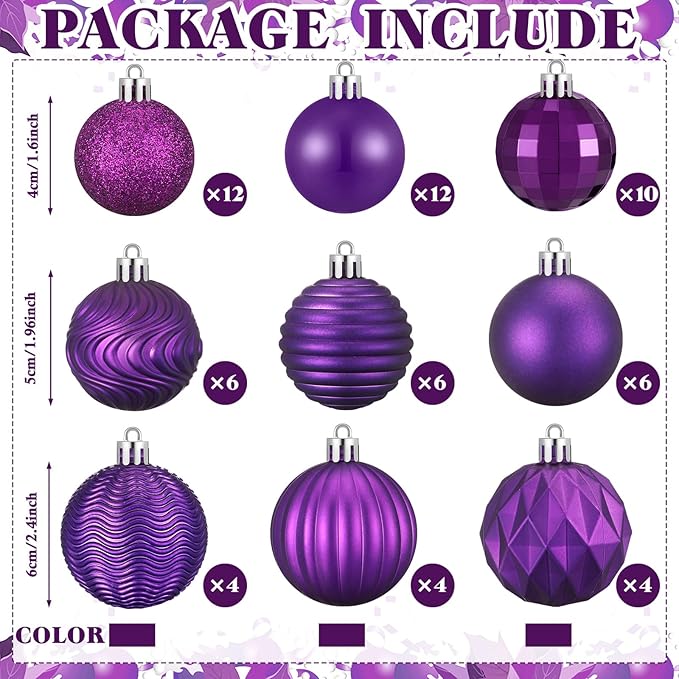 64 Pcs Purple Christmas Ball Ornaments 1.6/1.97/2.4 Inch Dark Purple Christmas Tree Decorations Shatterproof Plastic Xmas Bulbs Ornament for Tree Wreath Indoor Holiday Decor