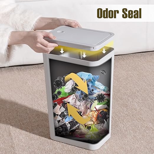 TrashAid 2 Pack Bathroom Trash Can with Lid, 2.6 Gallon / 10 Liter Small Garbage Can with Press Top Lid, Plastic Wastebasket with Pop-up Lids for Toilet, Office, Bedroom, Living Room, Grey