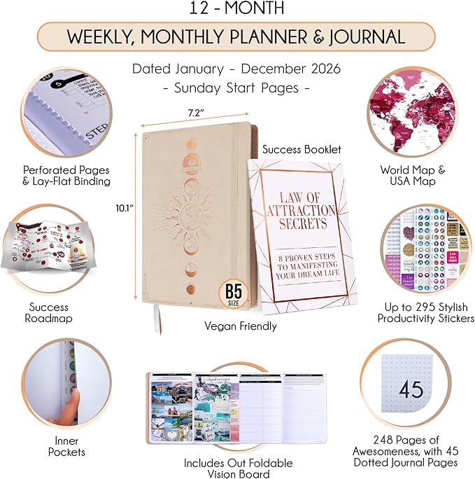 2026 Planner Weekly and Monthly | Law of Attraction Planner with Panduo App | A 12 Month Journey for Productivity, Gratitude & Goal Setting | Includes Foldable Vision Board, Gift Box & Stickers