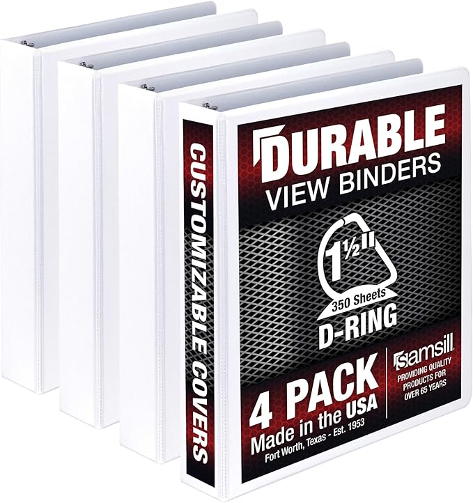 Samsill Durable 1.5 inch 3 Ring Binder, Made in USA, D Ring Binder, FSC 100% Recycled Chipboard, White, 4 Pack